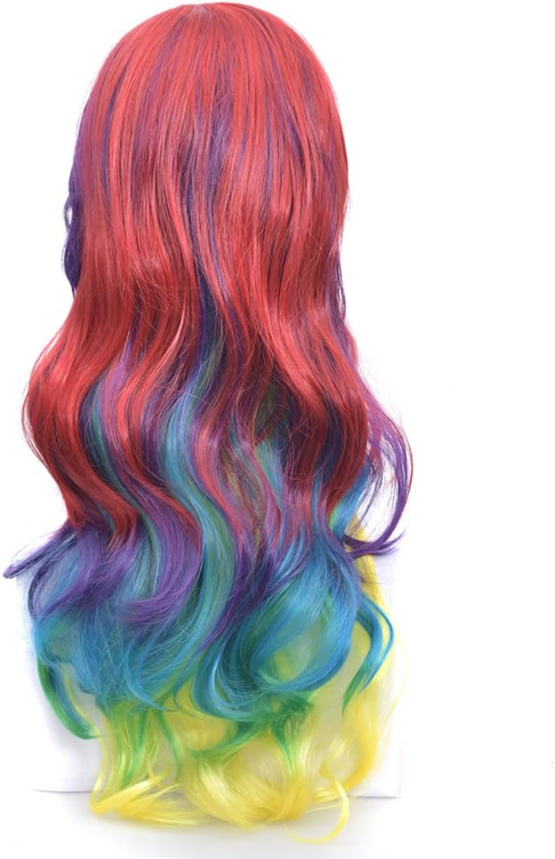 IMISSU 26'' Long Natural Hair Wigs Cosplay Wig with Bangs Colorful Halloween Costume Party Wigs for Women (Red Green Yellow) - Green image number 2