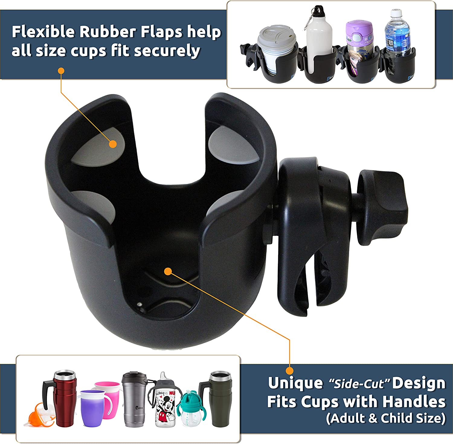 W4W Universal Stroller Cup Holder &ndash; Mega Strength Adjustable Clamp Fits on Any Bike, Walker, Wheel Chair, Car &ndash; Large Adjustable Drink Holder Fits Any Size Cup, Water Bottle, Can Etc. image number 1