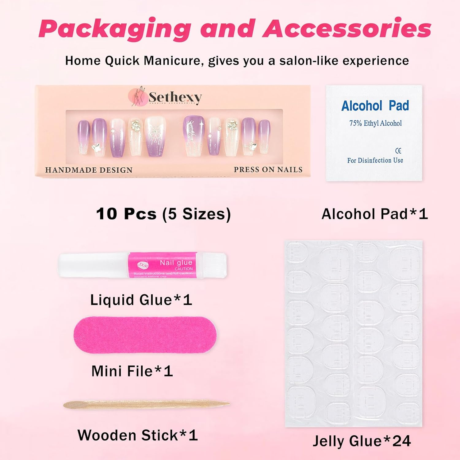 Sethexy Long Coffin Rhinestone Handmade False Nail Purple Hand-Painted Press on Nails Glitter Gradient Shiny False Nails Salon Quality for Women and Girls (W) image number 4