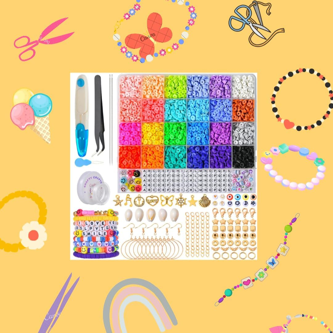 Crafty Carats Friendship Beads 7000+ Polymer Clay Beads Bracelet Making Kit, 24 Vibrant Colors, Flat Polymer Clay Beads, a to Z Letter Beads, Emoji and Smiley Beads Jewellery Making Supplies and Crafts Gift Set for All, Polymer Clay Beads Bracelet Making Kit, Black N White Color Palette Vintage Letter Beads, Charm Bracelet Making Kit, Mystical Charms, Elastic Chords and Clasps for Durable Fit, Hooks and Chain for Perfect Locking, Swifie Bracelets, with One Set of Forceps and Scissor #Onlyonamazon (7000, Plain) (Plain) image number 4