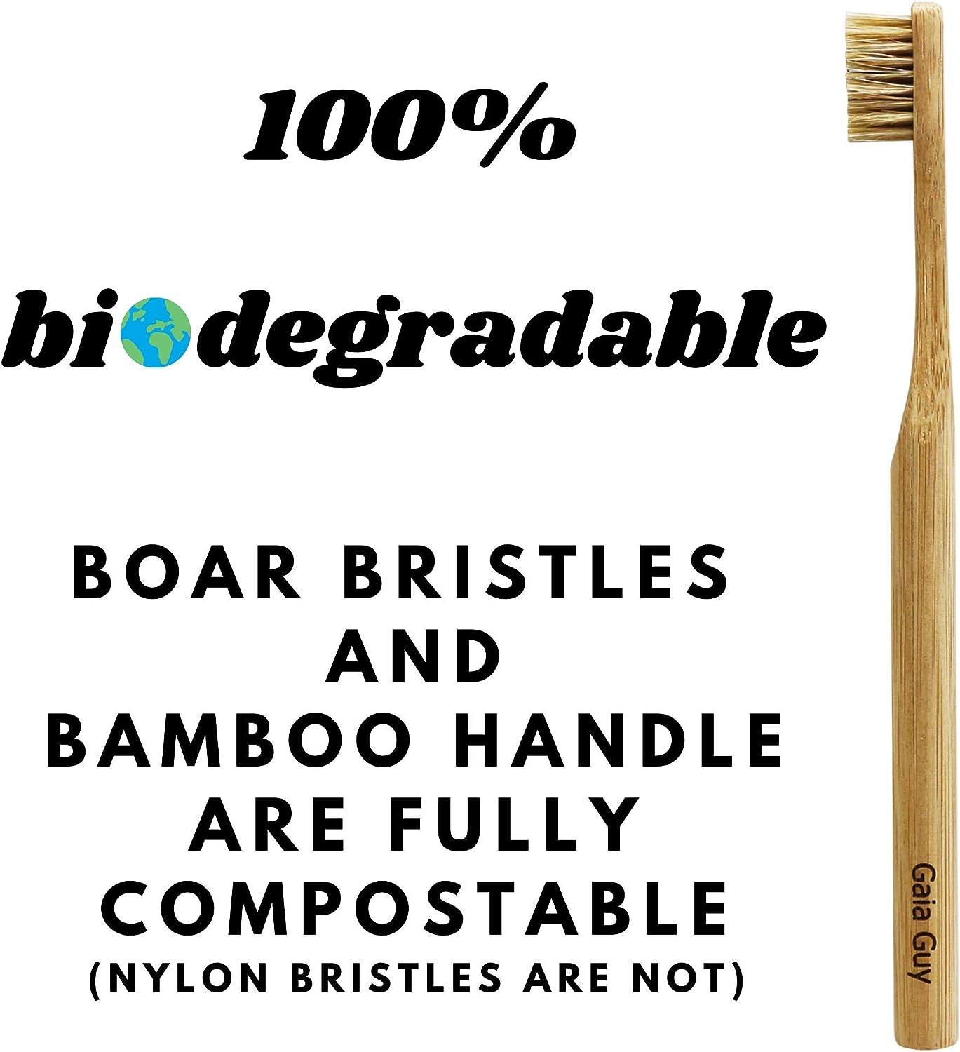 Gaia Guy Natural Bristle Bamboo Toothbrush (NO Nylon - Boar Hair ONLY) - Totally Compostable & Biodegradable Boar Bristle and Bamboo Toothbrushes - Zero Waste - 6-Pack image number 4