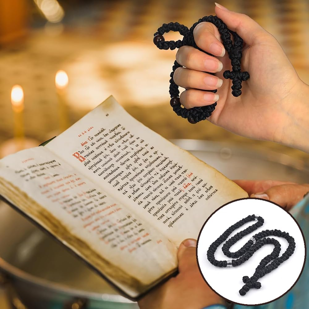 NYGHMY 1 Pcs Christian 100-Knot Prayer Rope (Black with Transparent Beads), Handmade Orthodox Prayer Rope with Cross Charm, Spiritual Protection Blessing, Handmade Transparent Bead Prayer Rope image number 2