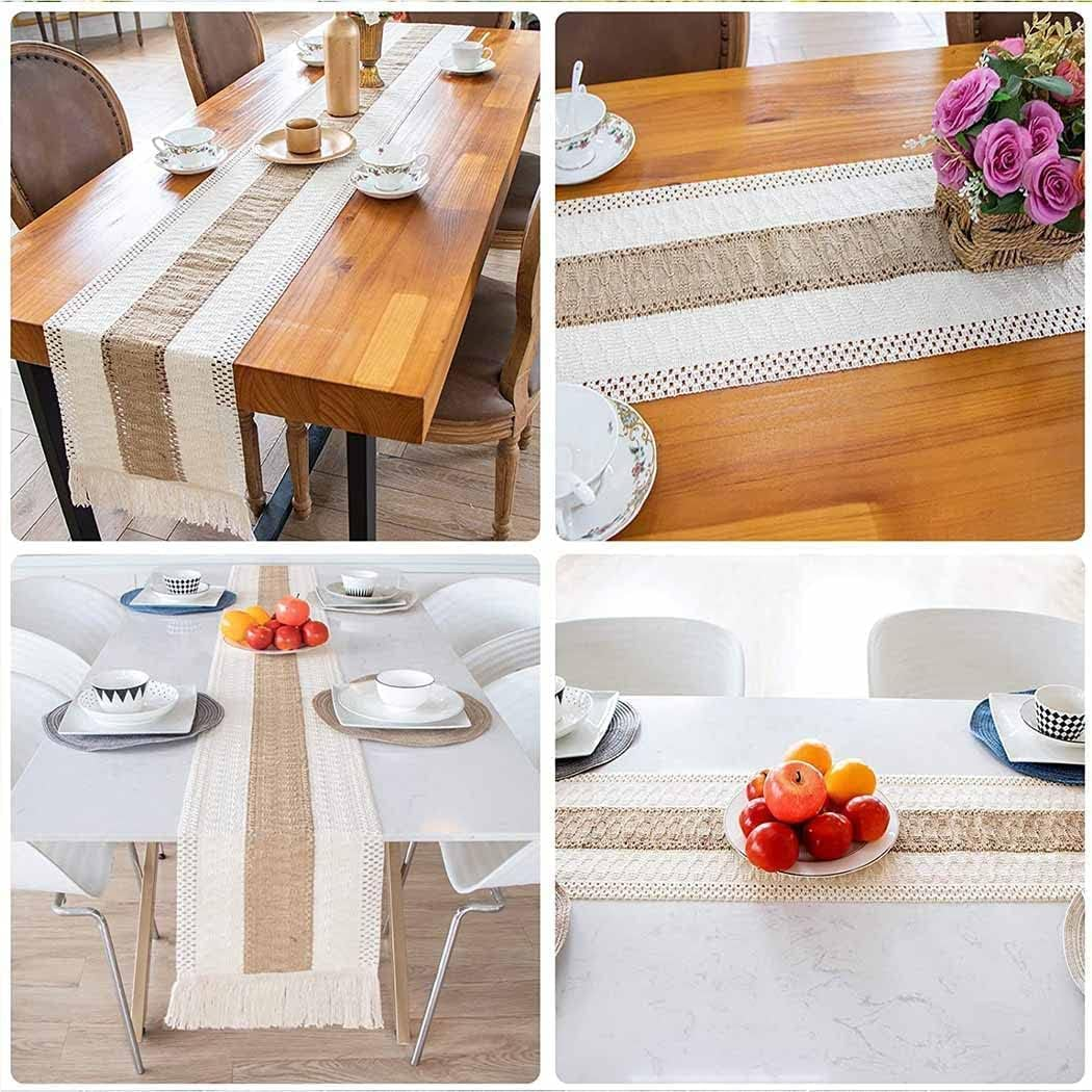 KEPTFIT Macrame Fabric Table Runner, Boho Cotton Table Runner with Tassels for Wedding Bridal Shower Shower Rustic Dining Table Decoration 12 X 72 Inch (B) image number 1
