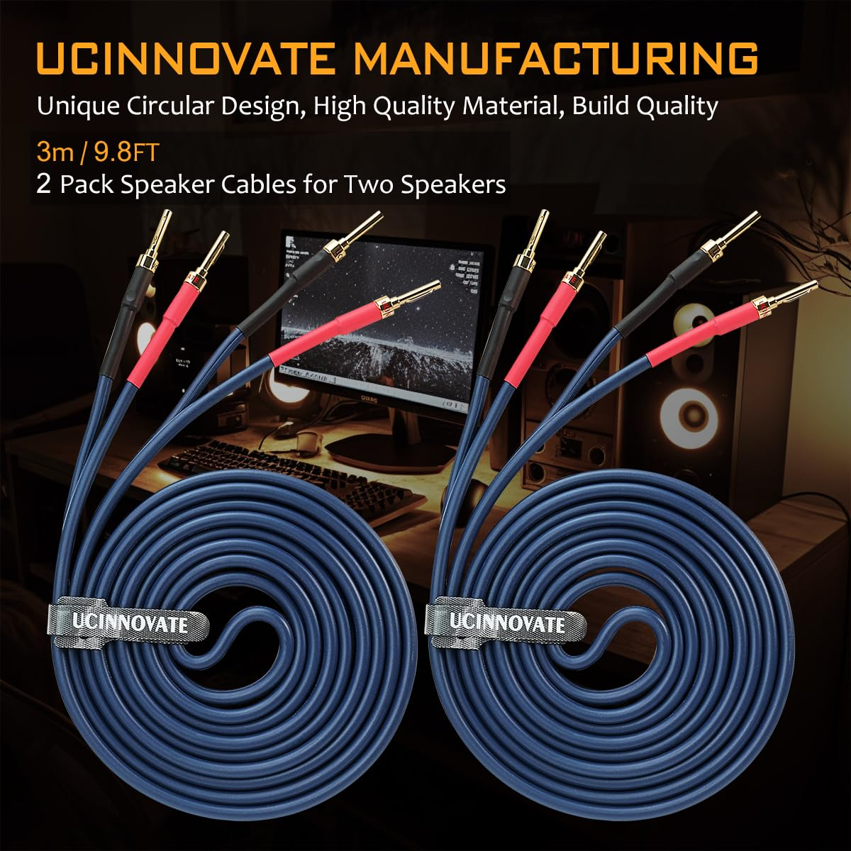 UCINNOVATE Bi-Wired Speaker Cable with Pin Banana Plugs, 13 AWG 2 Pack 9.8Ft / 3M Speaker Wire with Gold-Plated Banana Plugs, Heavy-Duty Blue Speaker Cable for Hi-Fi Home Audio Amp image number 3