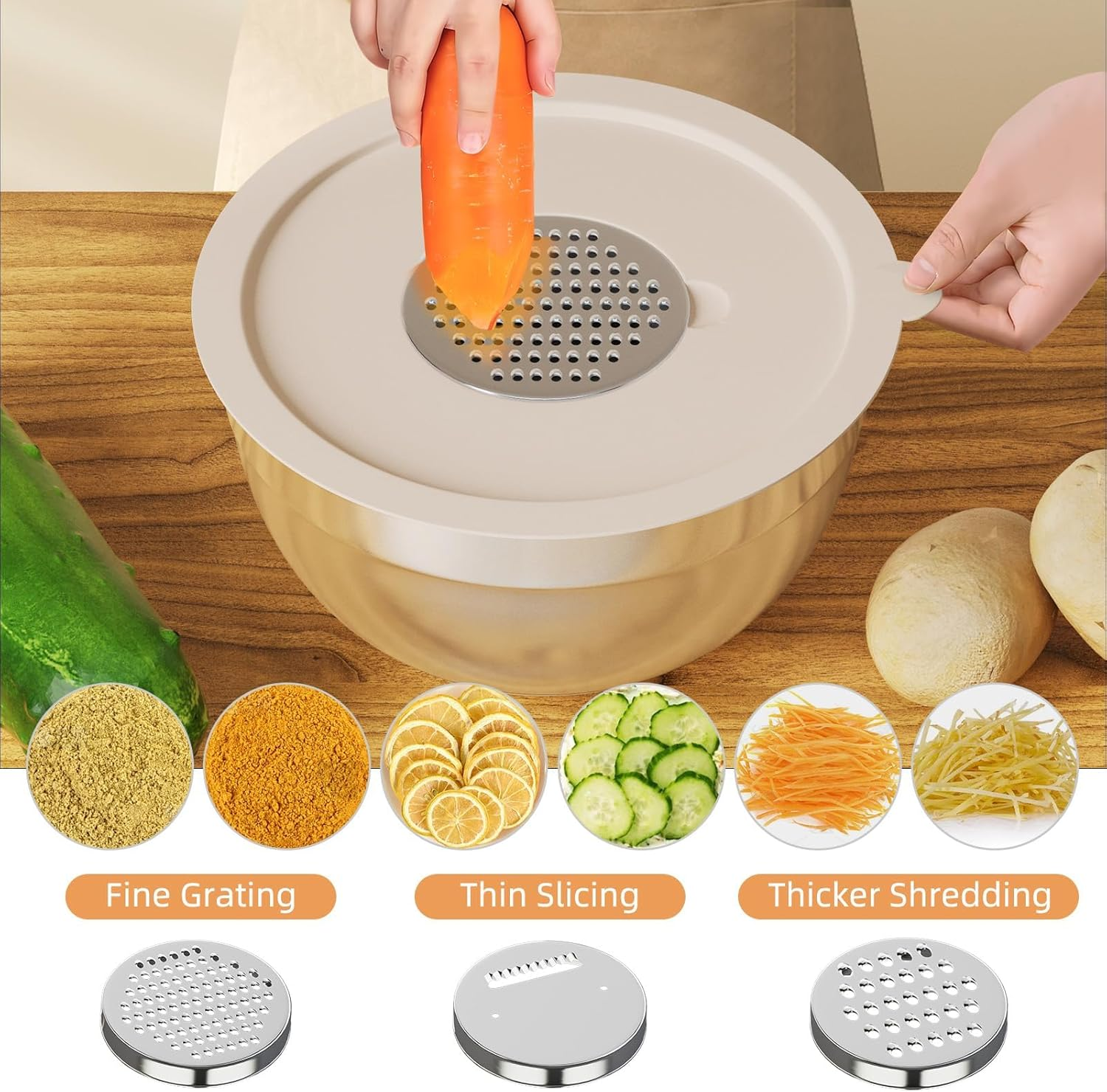 Premium 6-Piece Stainless Steel Mixing Bowls Set with Lids, 1.1-5.5 QT, Non-Slip Base, 3 Grater Attachments, Nesting Design for Kitchen Storage image number 3