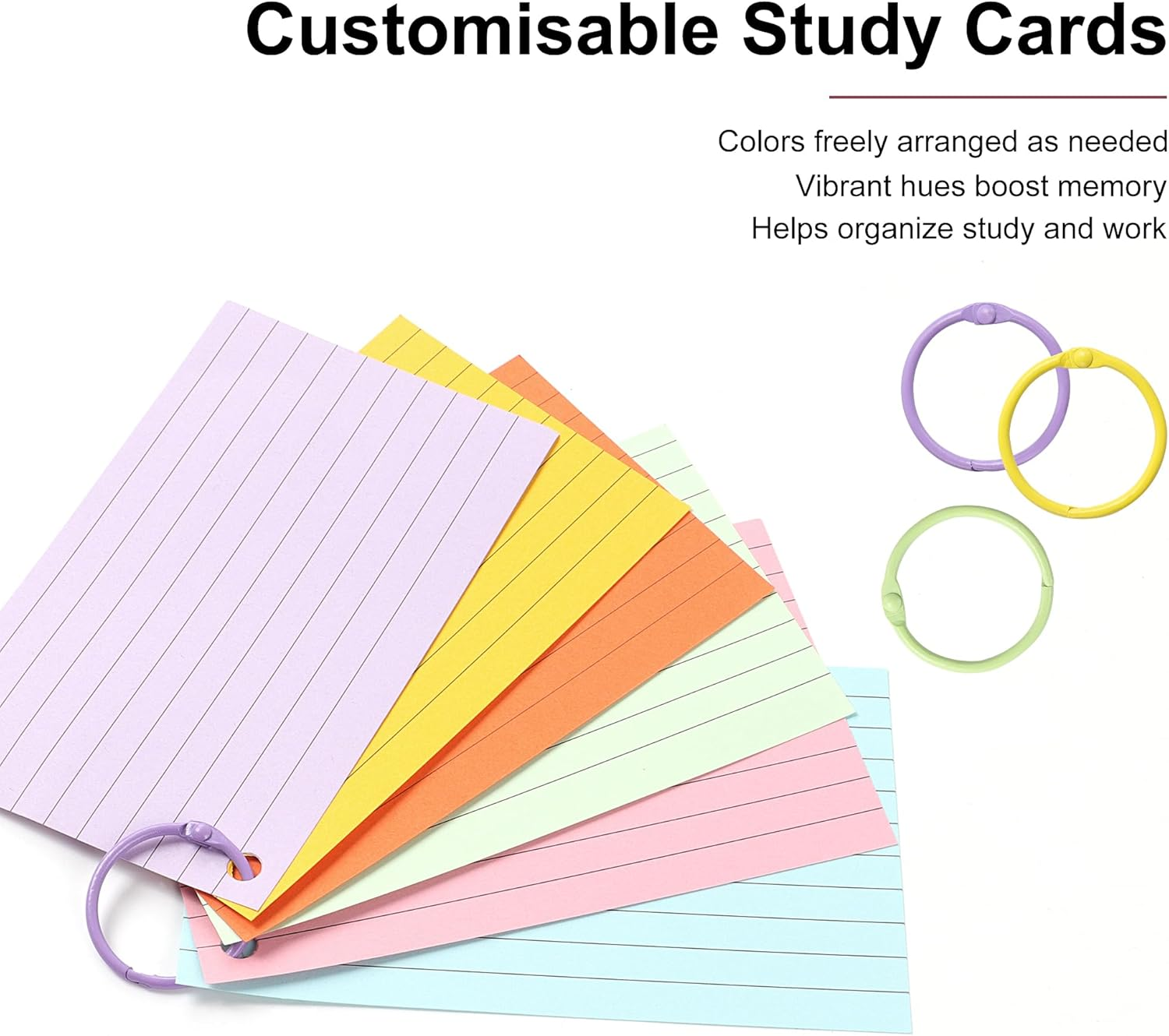 JUNART 300 Pcs Index Cards(6 Colours &times; 50 Pages) with 6 Binder Rings, Perforated Colourful Flash Cards for Study Notes, Office, Home, Etc