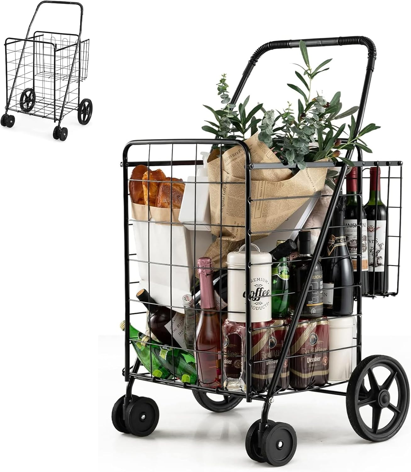 Foldable Shopping Cart with Rolling Swivel Wheels, Heavy Duty Grocery Utility Cart with Double Basket for Groceries Laundry Luggage Travel, 56 * 62 * 102Cm Black 118L image number 2