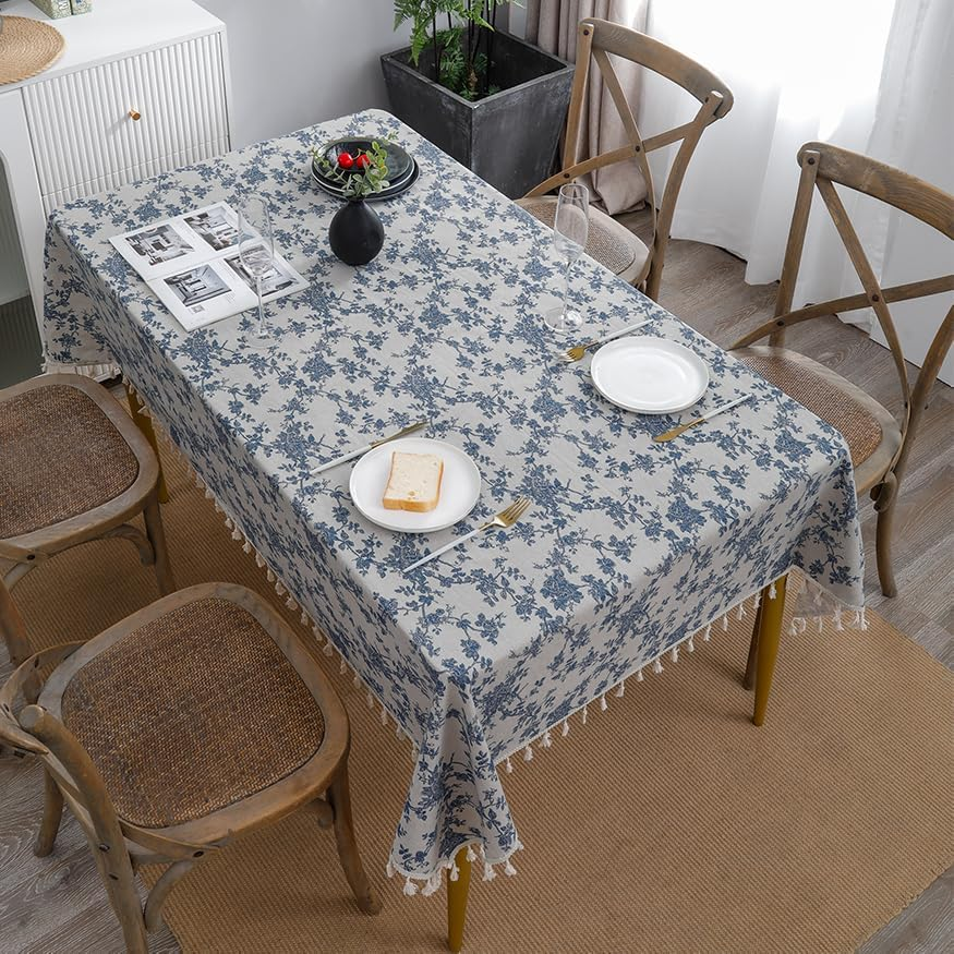 Anaado Cotton Linen Square Table Cloth for Dining Table, Table Cover 4 Seater, Vintage Blue Floral, 55''X55'' image number 3