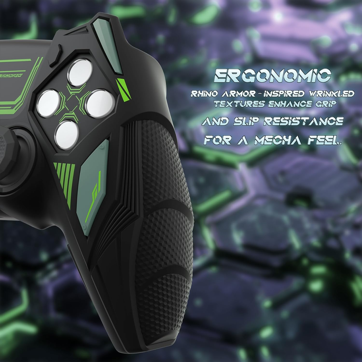 Playvital Mecha Rhino Silicone Cover for Ps5 Controller with Thumb Grips & Stickers, Anti-Slip Controller Grip Skin Accessories Compatible with Ps5 Charging Station - Black & Green image number 3