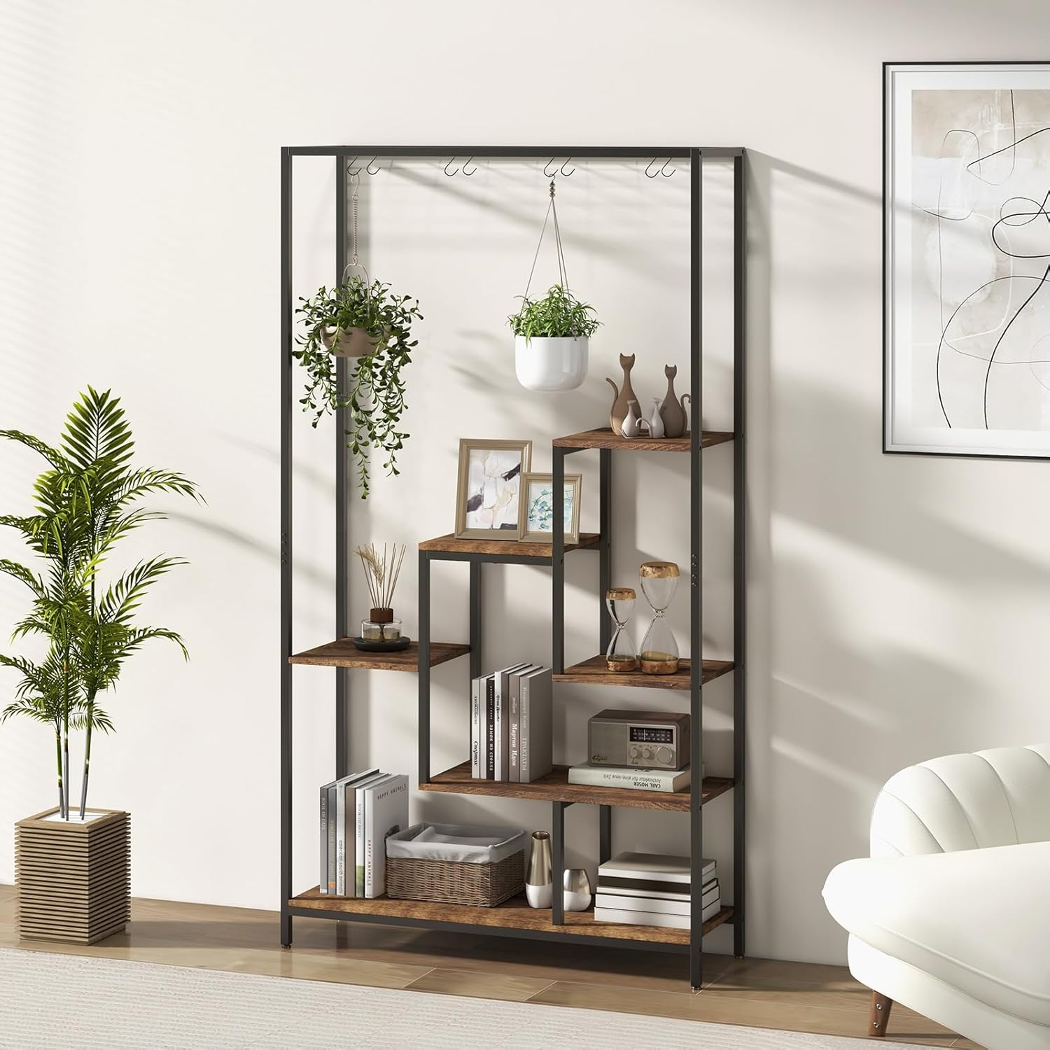 Costway 6-Tier Tall Plant Stand, 180 CM Metal Indoor Plant Shelf W/ 10 Hanging Hooks & Wire Shelf for Multiple Plants, Multipurpose Plant Display Rack for Balcony, Living Room, Black (Black + Rustic Brown) image number 6