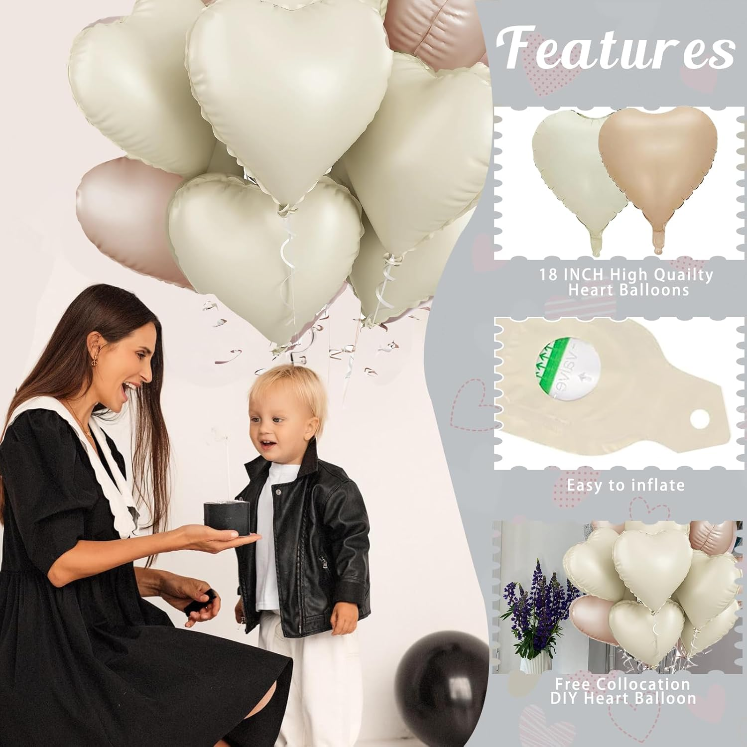 Beige and Cream Heart Balloons, 18Inch 12PCS Cream Beige Heart Shape Balloons, Nude Neutral Foil Love Balloons for Valentine'S Day Decorations for Engagement Baby Shower Wedding