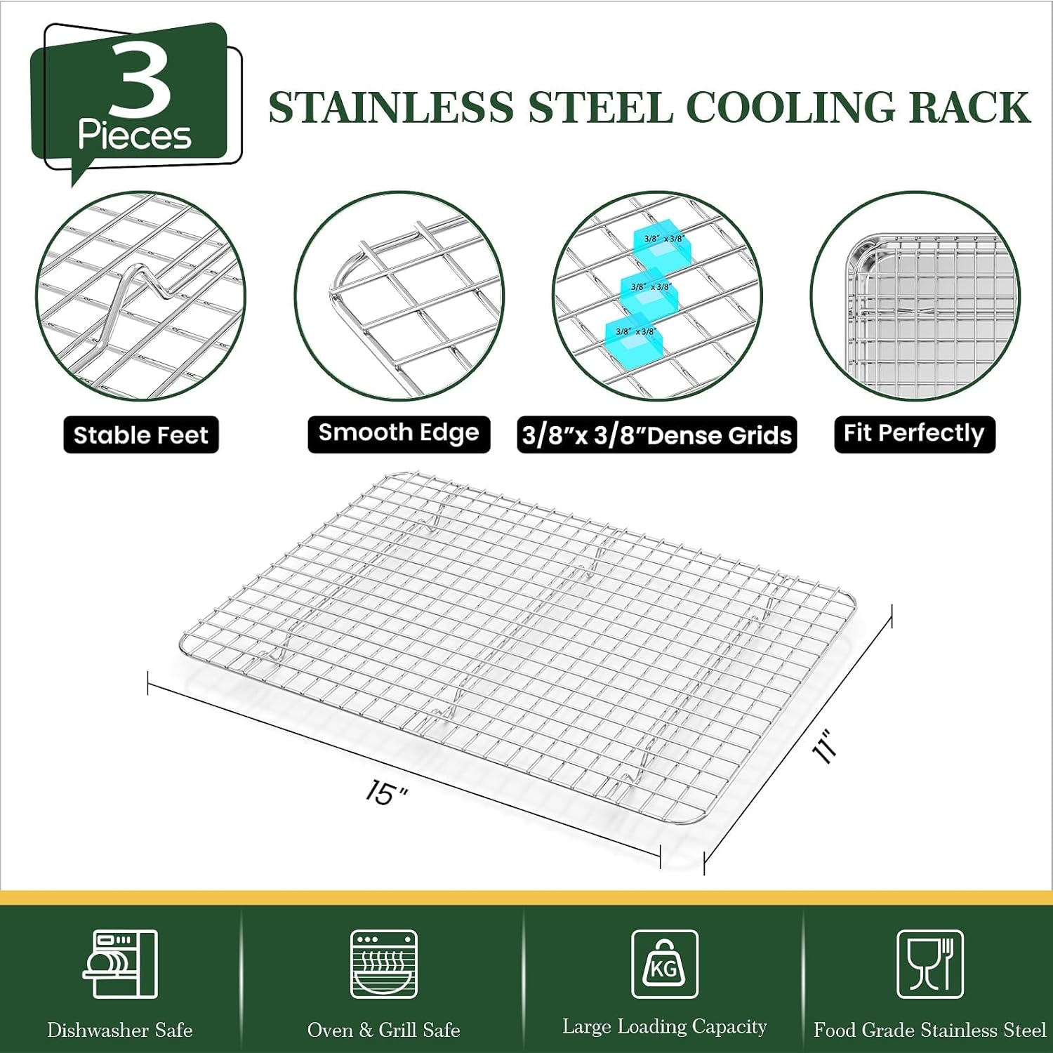 Baking Sheet with Wire Rack Set: 3PCS Stainless Steel Cookie Pans 9 12 16 Inch with 3PCS Cooling Racks - Nonstick Cooking Tray for Oven Heavy Duty and Dishwasher Safe image number 3