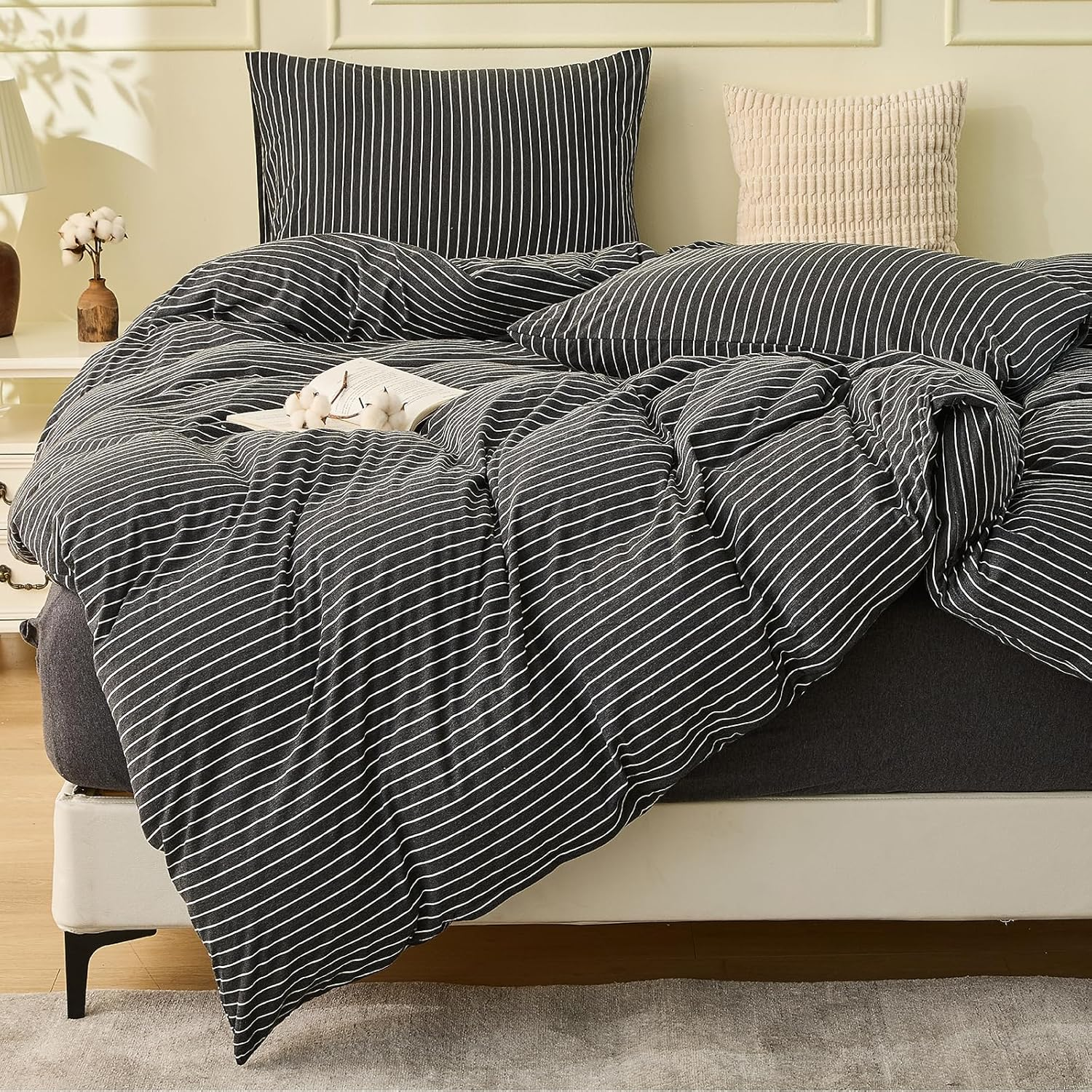 Jersey Cotton Knit Quilt Cover Set 100% Cotton T-Shirt Duvet Cover Set Super Soft Comfy 3Pc Cotton Doona Cover with Zipper Closure (Blue & White Pinstripe, Queen)