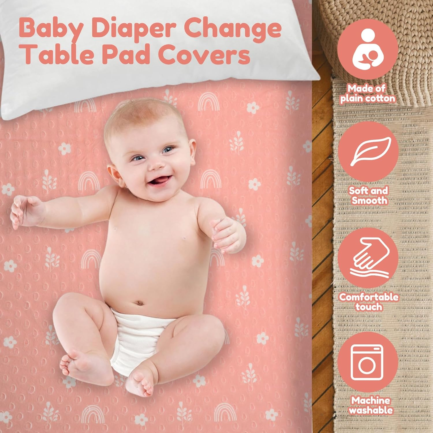 3Pcs Changing Pad Cover Cotton Diaper Changing Pad with Elasticated Straps Soft Breathable Comfortable Stable Diaper Changing Table Pad Sheets Cover for Home Kid (Pink) image number 3