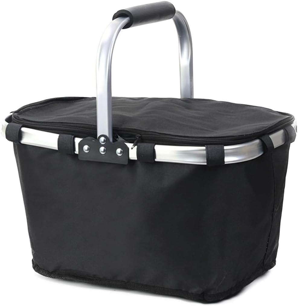 AIMALL Portable Folding Picnic Basket with Aluminium Foil Insulation, 24X39X23Cm Oxford Lunch Cooler Bag for Outdoor Camping, Takeaway, Shopping and Fast Food Storage