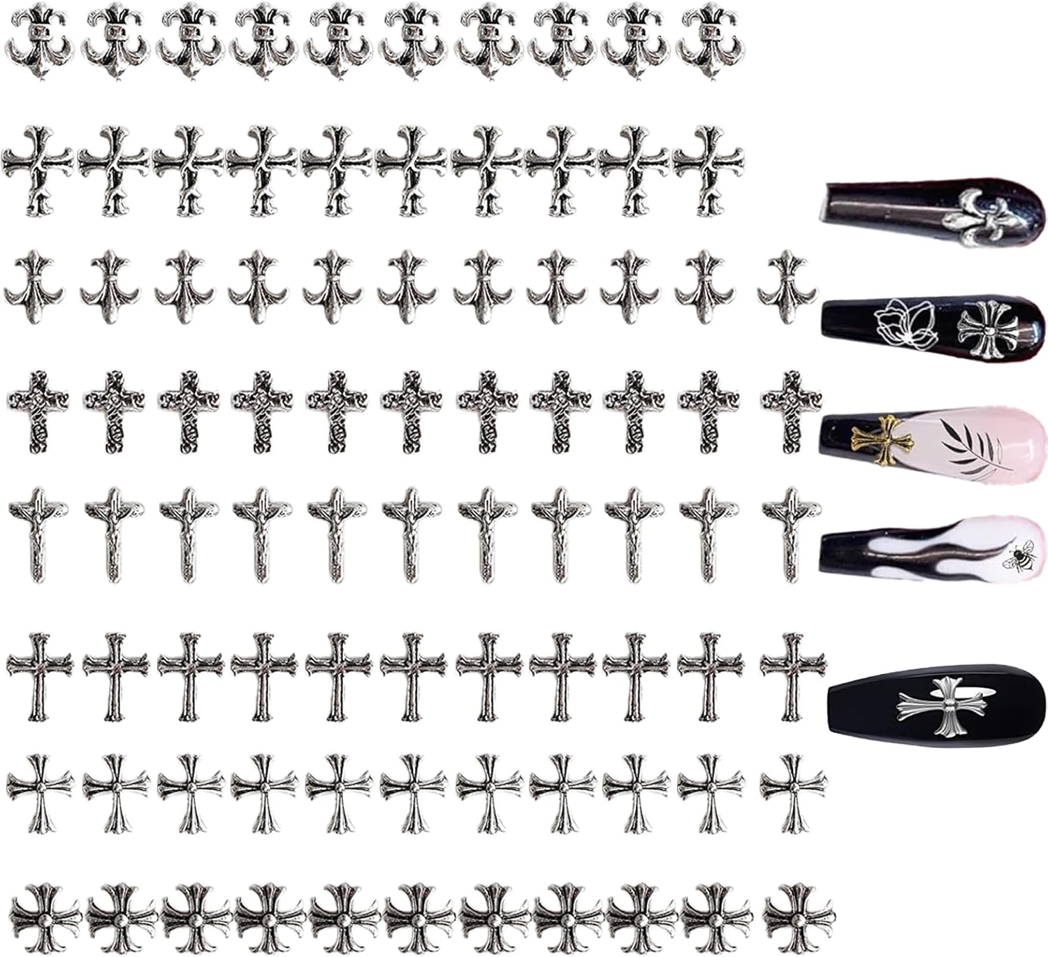 80Pcs Leeneen Silver Metal Cross Nail Charms for Nails Design,Y2K 3D Chrome Nails Art,Vintage Alloy Cross Heart Skull Acrylic Charm for Women, Halloween Nail Supplies (L1)
