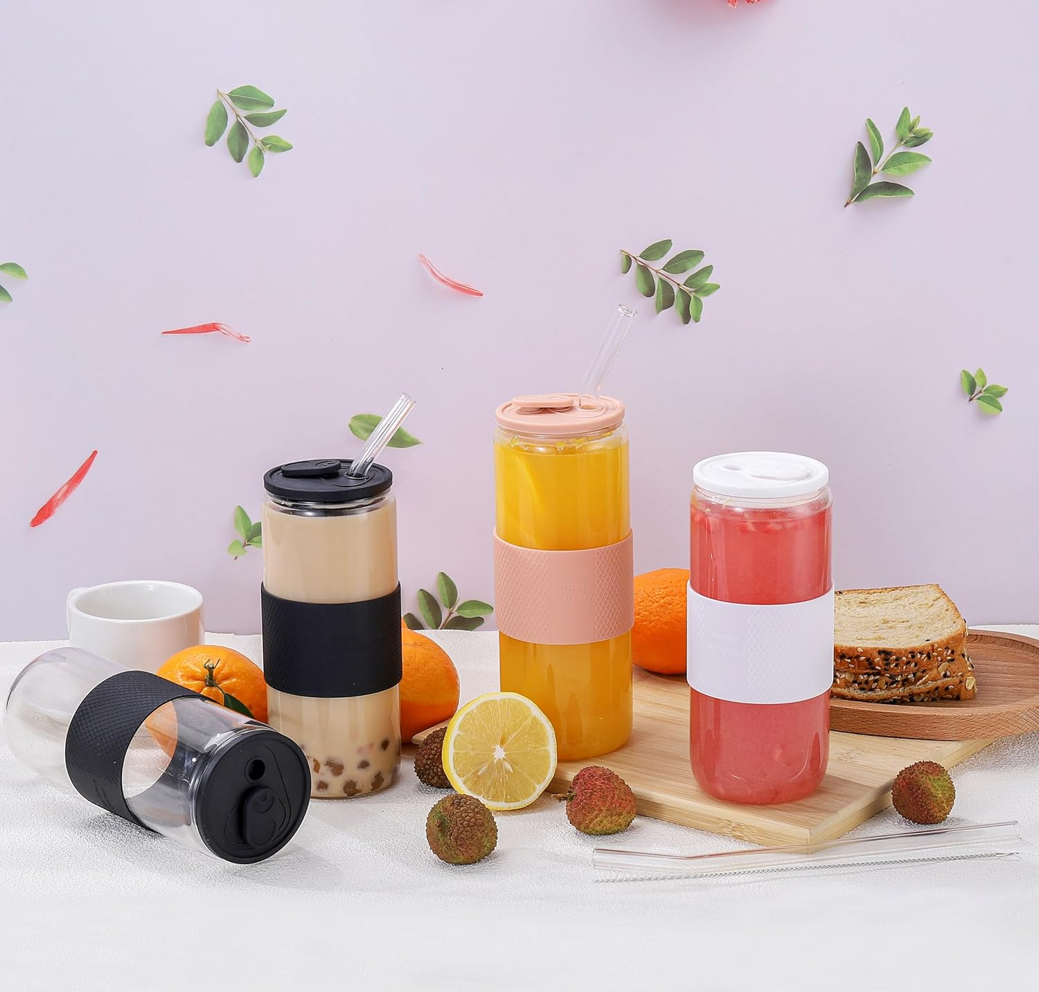 20Oz Can Shaped Glass Cups with Lids and Glass Straws, 2PCS Drinking Glasses with Lids and Straws, and Silicone Sleeves, Beer Glasses, Iced Coffee Cups, Soda, Gift 2 Cleaning Brushes - White image number 4