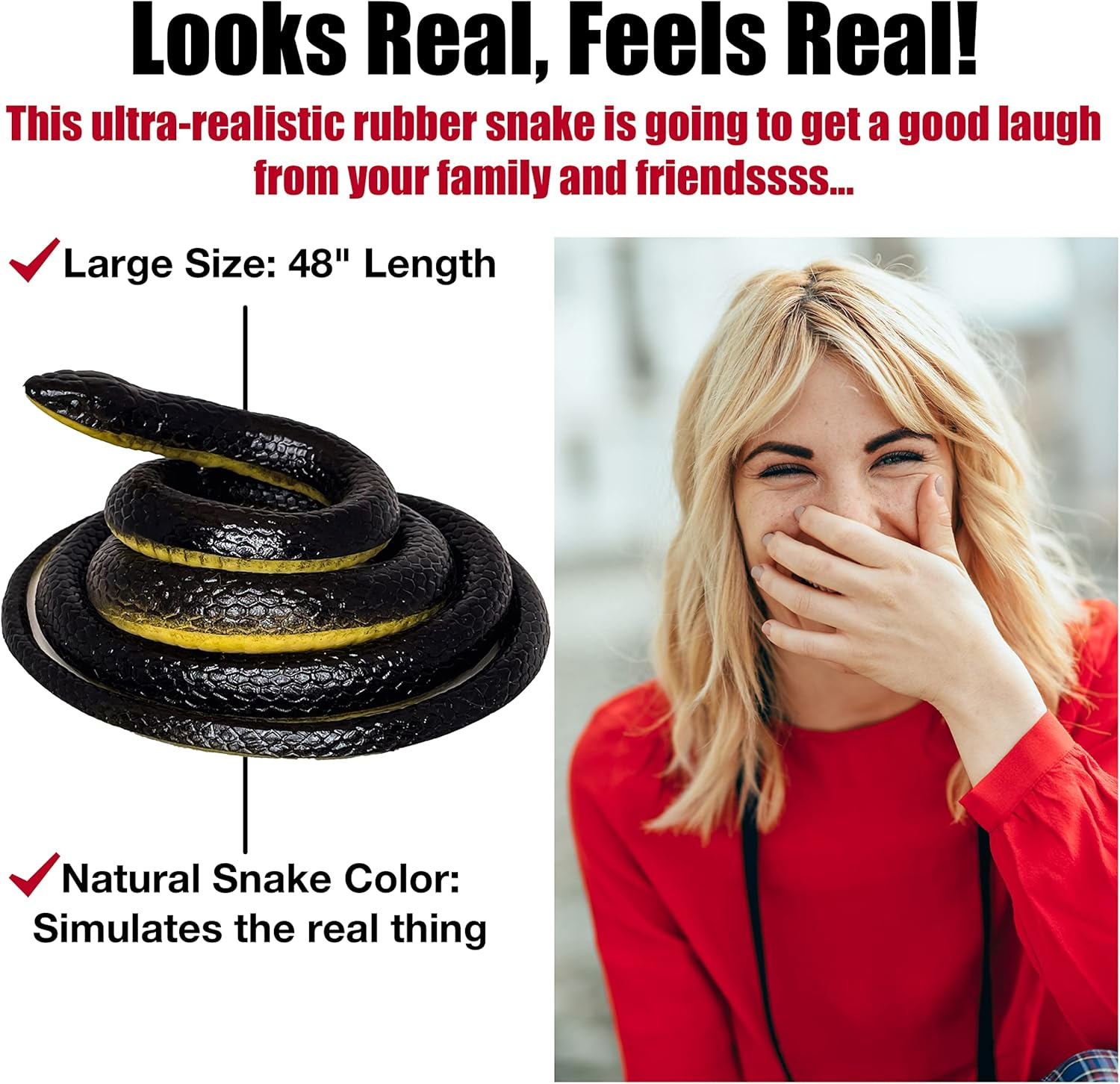 Funfamz Original Fake Snake Toy Pack - Realistic & Plastic Snake Prank, Large Black Snake Toy to Keep Birds Away