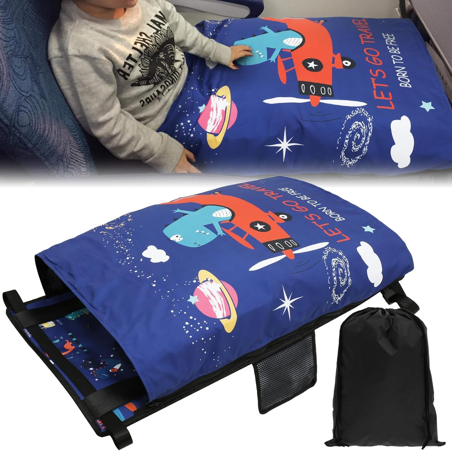 Toddler Airplane Travel Bed with Quilt Airplane Seat Extender Travel Bed Footrest Seat Extender for Kids Portable Footrest Hammock Kids Foot Leg Rest Hammock Cot Baby Travel Essentials (Style 1) image number 1