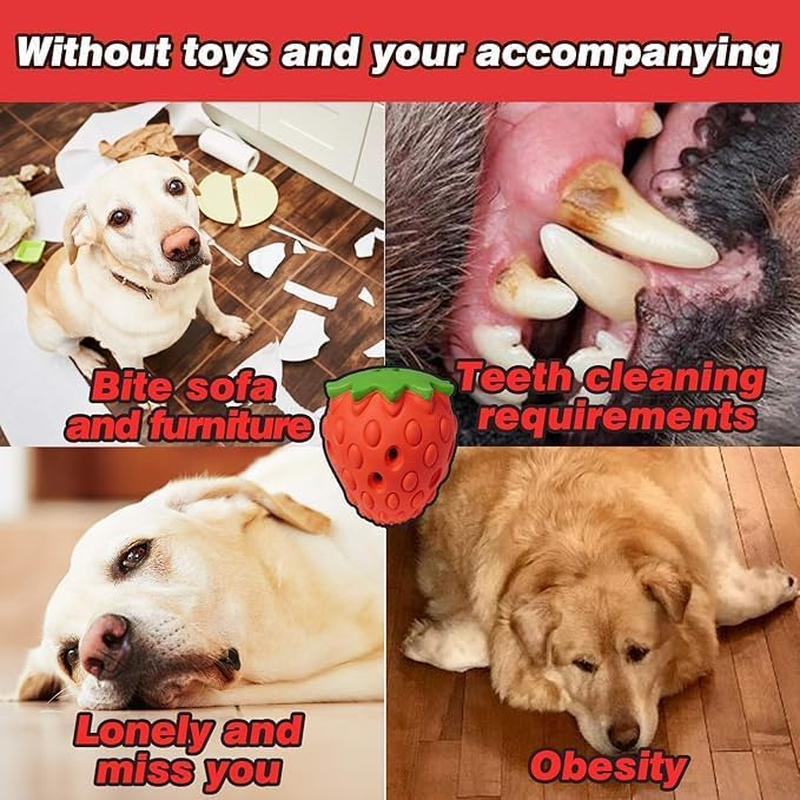 Dog Puzzle Toys Strawberry Shape Dog Chew Toy Teeth Cleaning Toy Interactive Treat Dispensing Chew Dog Toy Slow Feeder Dispenser Durable Natural Rubber Puzzle Toys Dog IQ Mental Stimulation Toy