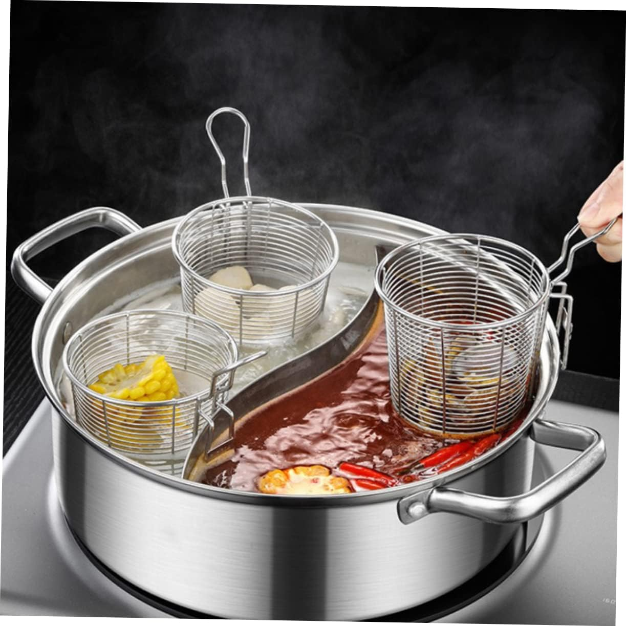 Operitacx Mesh Pasta Basket Stainless Steel Mesh Spider Strainer for Pasta Ramen Noodles Dumpling Deep Fried Food image number 3