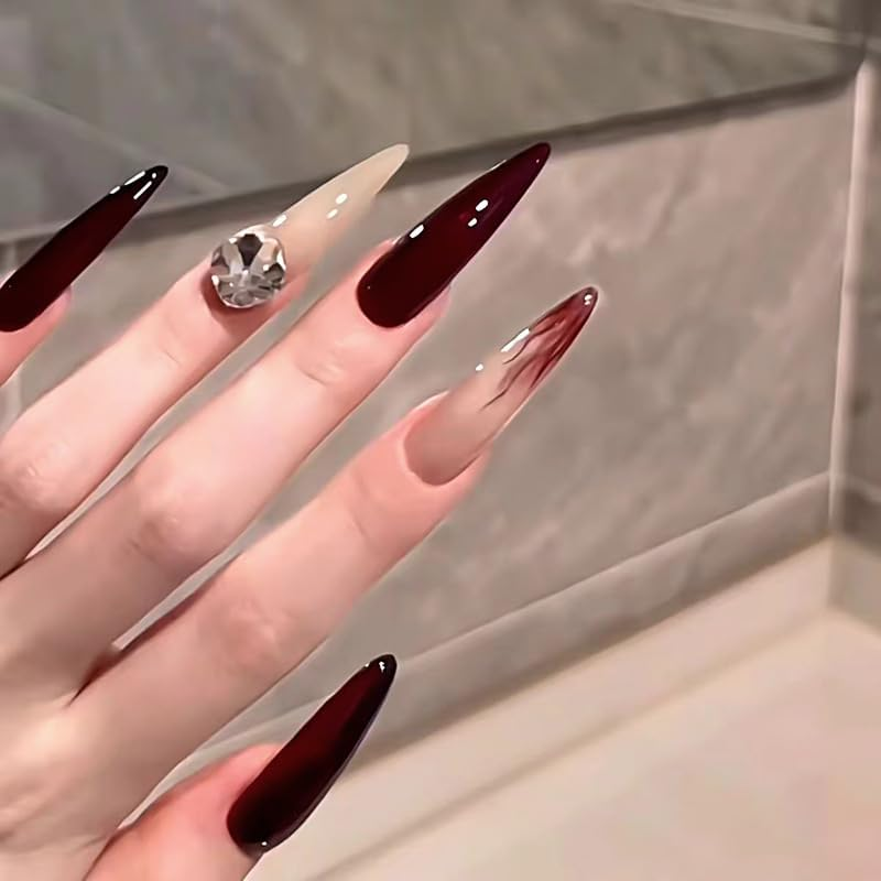 Press on Nails Long Coffin Shape, Purple Red Ombre Artificial Nails, Fingernails for Sticking, Artificial Nails, Gold Sequins, Fake Nails, Adhesive Nails Set, Acrylic Nail Tips, Women'S Nail