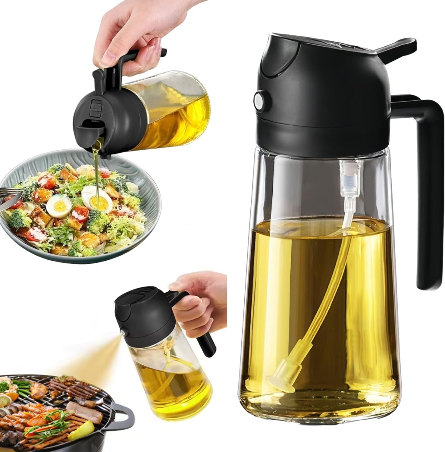 2 in 1 Oil Sprayer for Cooking, 470 Ml Glass Spray Bottle Oil/Olive Oil Sprayer Bottle for Salad, Grilling and Hot Air Fryer，Oil Sprayers，Oil Dispenser