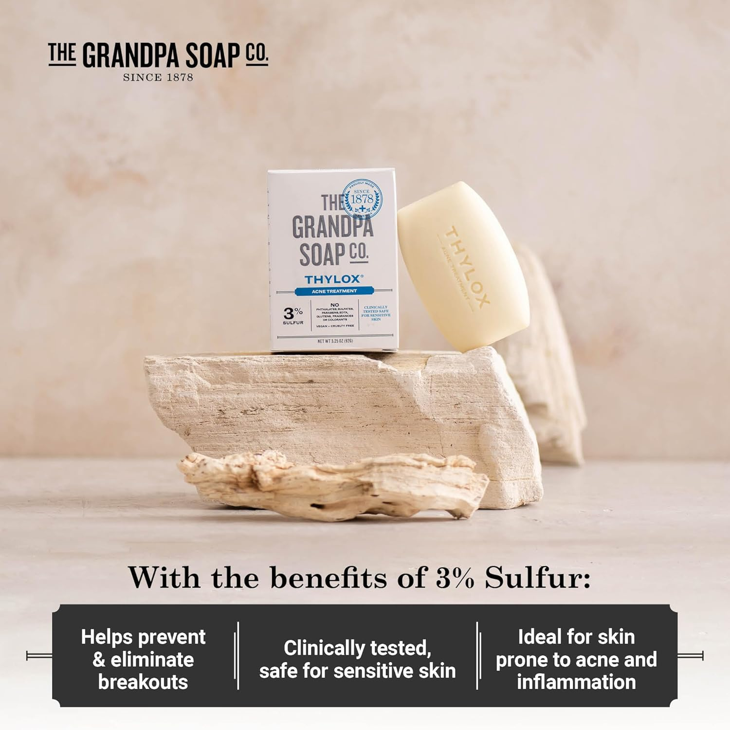 The Grandpa Soap Co. Thylox Acne Treatment Bar Soap - with 3% Natural Sulfur - Prevents and Eliminates Breakouts - for Acne Prone Skin - Safe for Sensitive Skin - 3.25 Ounces (Pack of 2)