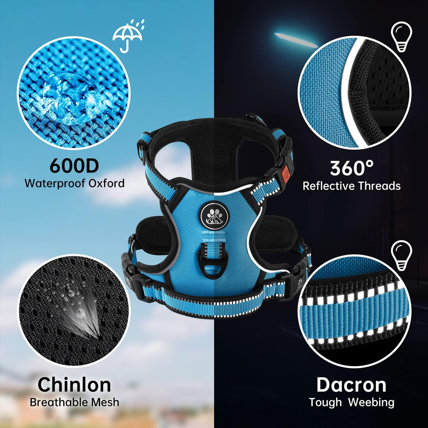 NESTROAD No Pull Dog Harness, Adjustable Oxford Dog Vest Harness with Leash, Reflective No-Choke Pet Harness with Easy Control Soft Handle for Small Medium Dogs(Medium, Blue) image number 4