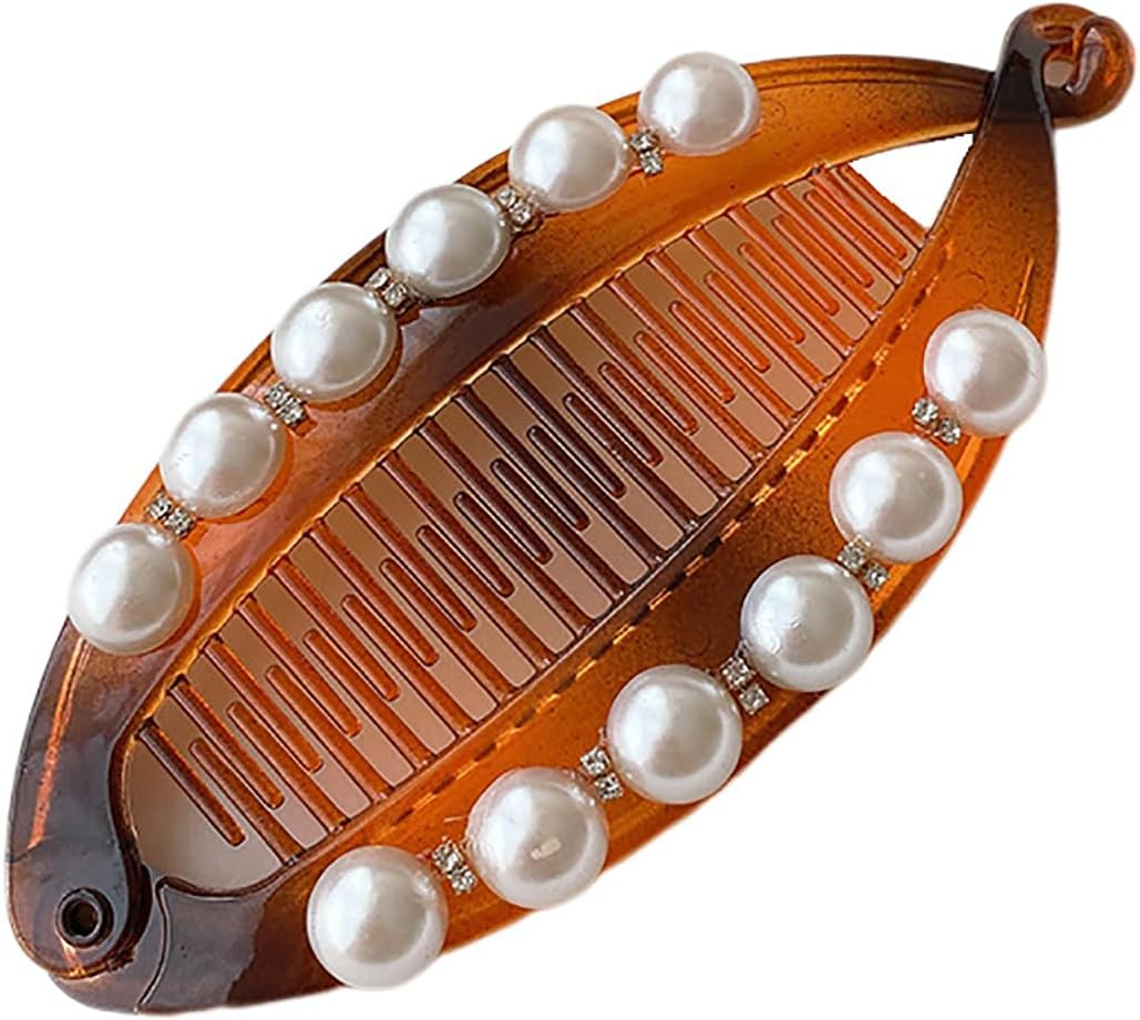 2PCS Pearl Rhinestone French Banana Clip Ponytail Vertical Clip Fishtail Clip Grips Clamp Headwear Styling Hair Accessories for Women Teen Girls Black Hair Clips for Women Girls image number 1