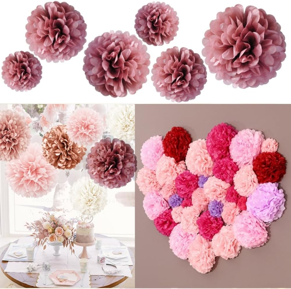 FUNNTY Paper Pom Poms Party Kit-Tissue Pom Poms Paper Flowers Wall Backdrop Centerpieces for Wedding Birthday Baby Shower Bachelorette Bridal Shower Party Supplies（9 Pcs Lotus Pink Color） image number 4