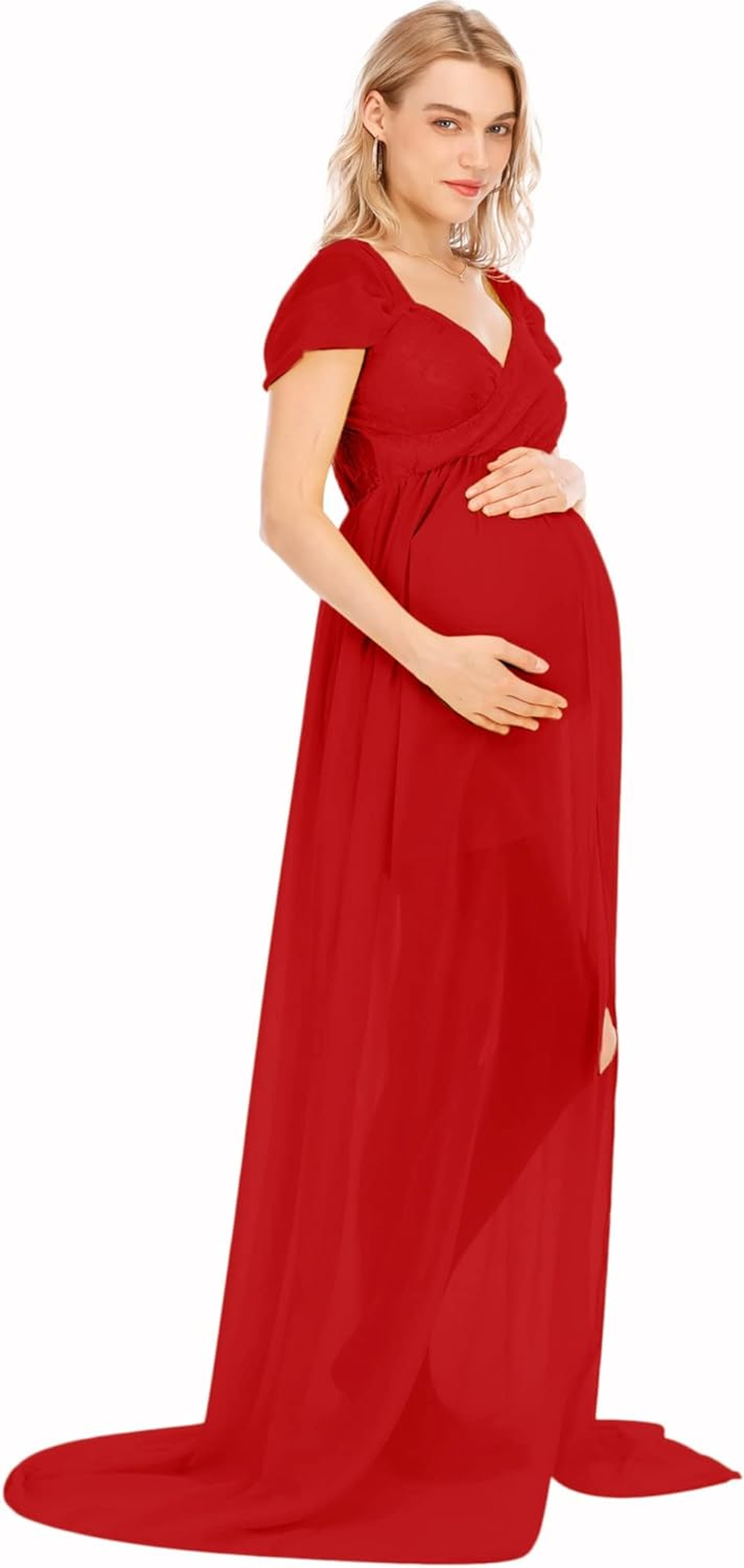 MYKAGS Maternity Dress for Photography off Shoulder Chiffon Gown Split Front Maxi Pregnancy Dresses (Red) image number 6