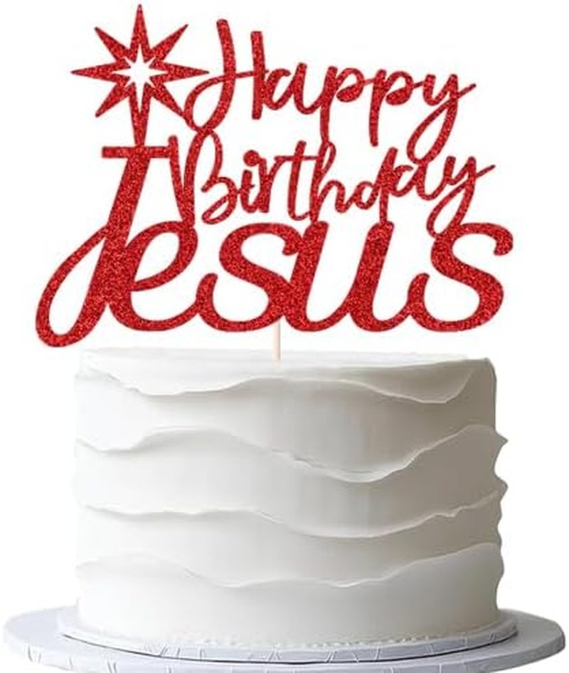 Sparkling Happy Birthday Jesus Cake Toppers - Jesus Birthday, Good Friday Cake Decoration、 Easter Party Decorations, Christmas Party Decoration Supplies (Red) - 3 image number 2