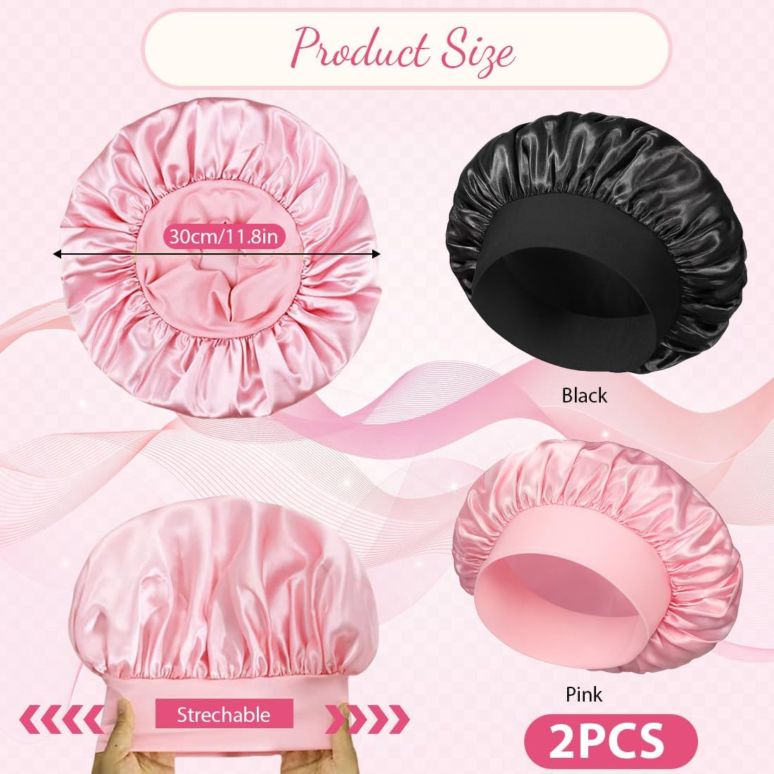 KIRZAX Pack of 2 Silk Bonnet for Sleeping, Silk Bonnet, Satin Hair Cap Bonnet for the Night, Soft Bonnet Sleep Cap, Hair Net for Women and Girls (Black + Pink) image number 3