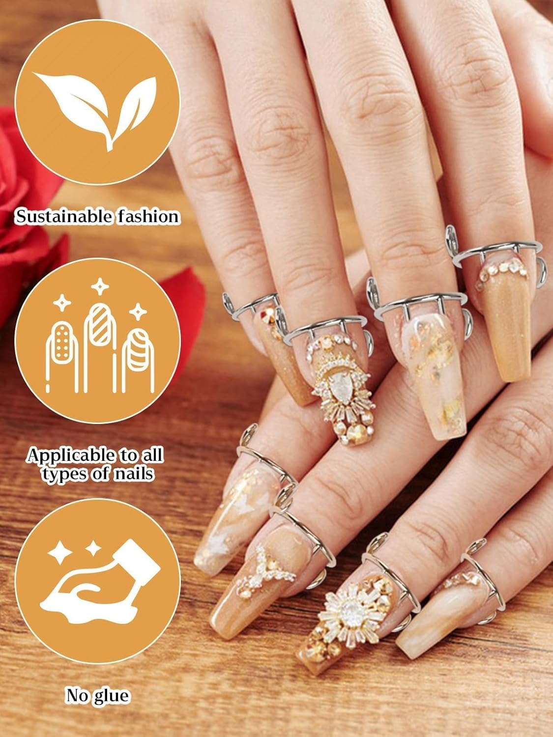 20PCS Nails Rings, EBANKU Adjustable Nails Rings Detachable Reusable Women Gift Ring Set with 96PCS Adhesive Nail Tabs for Acrylic Nail Art Decoration - Gold and Silver