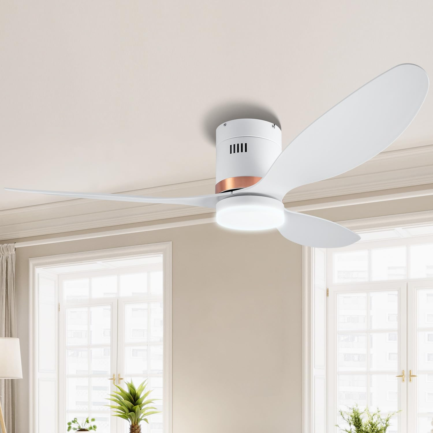 52 Inch Ceiling Fan with Lights and Remote, Modern DC Motor Silent Ceiling Fans with 3 Color Temperatures, 6 Speeds, Reversible Function, Height Adjustable Flush Mount Indoor Bedroom (White) image number 1