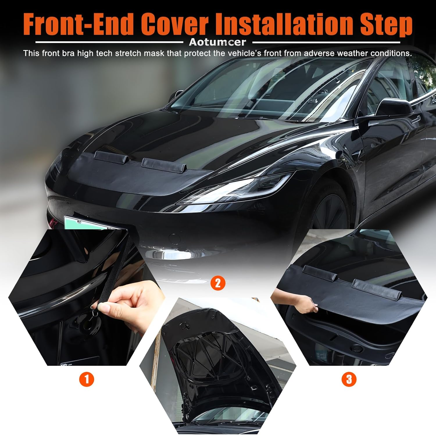 Car Bonnet Hood Bra Compatible with 2016-2023 Tesla Model 3 Hood Cover Exterior Accessories Front End Cover Black Car Mask Bra