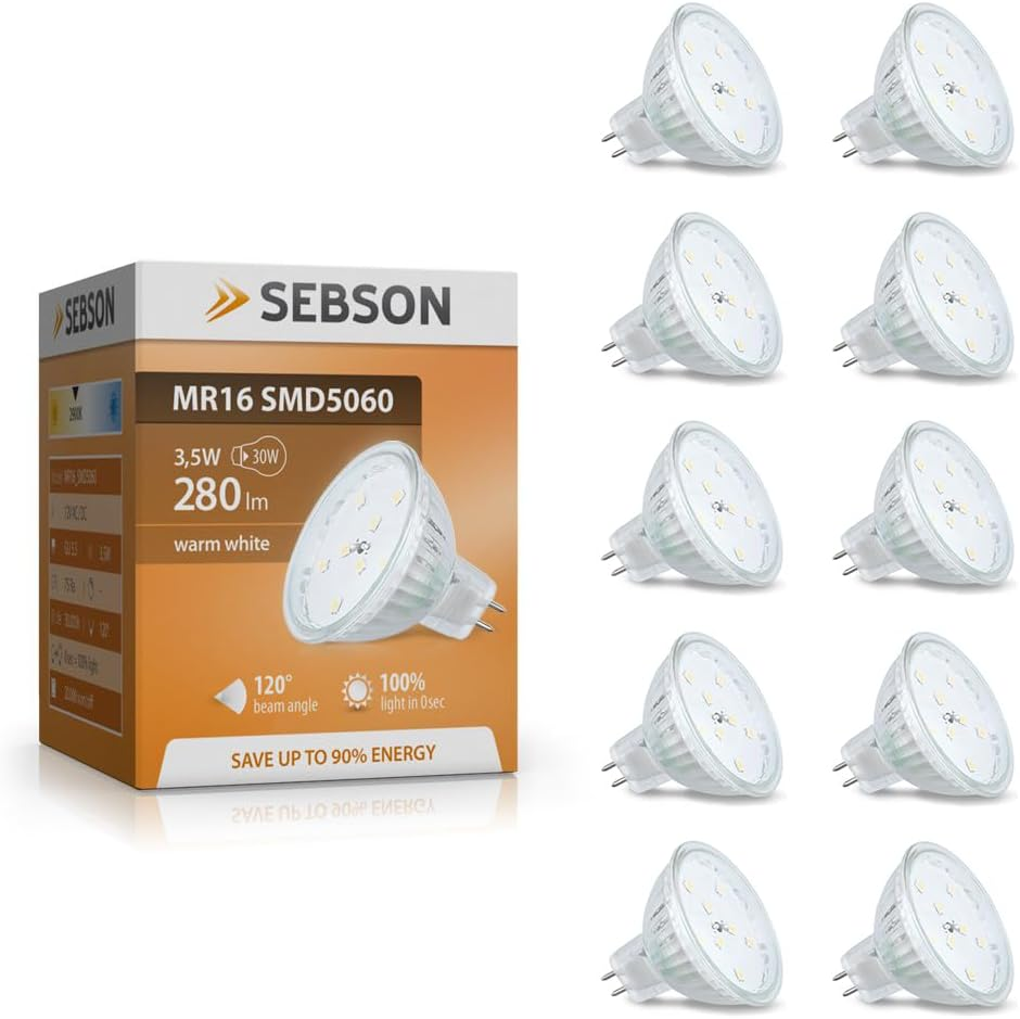 SEBSON MR16 LED Bulbs Warm White 2900K 3.5W - 10 Pack - Spot Lights Ceiling - Equivalent 30W Halogen, 280Lm, 110&ordm; Beam Angle - 12V DC, GU5.3 Light Bulb, Non Dimmable image number 3