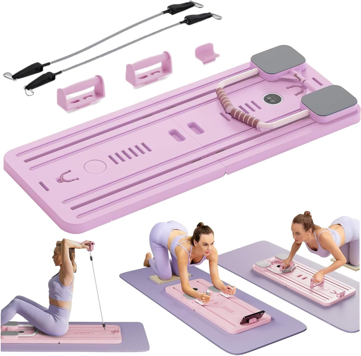 Foldable Pilates Board, 5 In1 Multifunctional Pilates Reformer Machine Set with Timer, Full-Body Toning Workout Core Exercise Equipment for Home Women Men