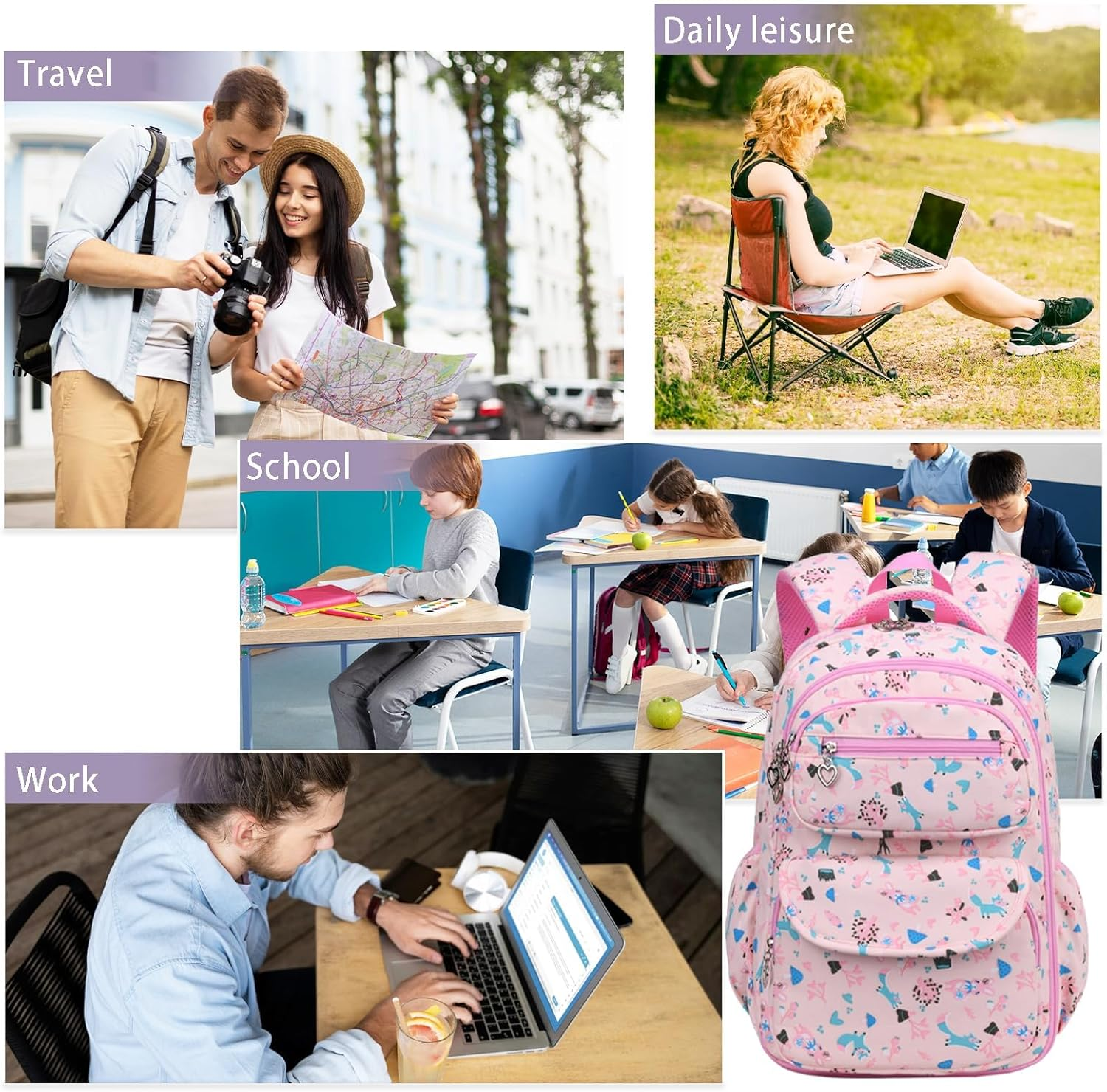 Cute School Backpack for Kids Girls Kawaii Bunnylightweight Waterproof Cute School Bookbag Elementary Schoolbag Ages 6-12,Refrigerator Style Door Opening image number 2