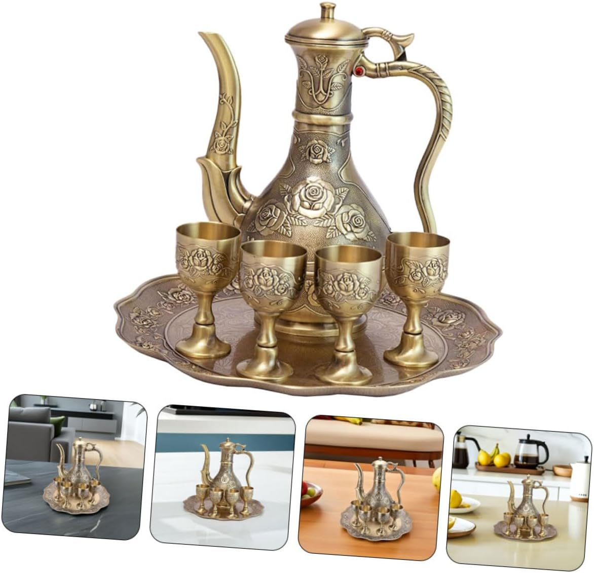 LABRIMP Vintage Turkish Tea Set Metal Espresso Coffee Pitcher with Artistic Rose Embossing Fade-Resistant Bronze Finish Elegant Court Style Coffee Decanter Tray for Home Bar Wedding And image number 6