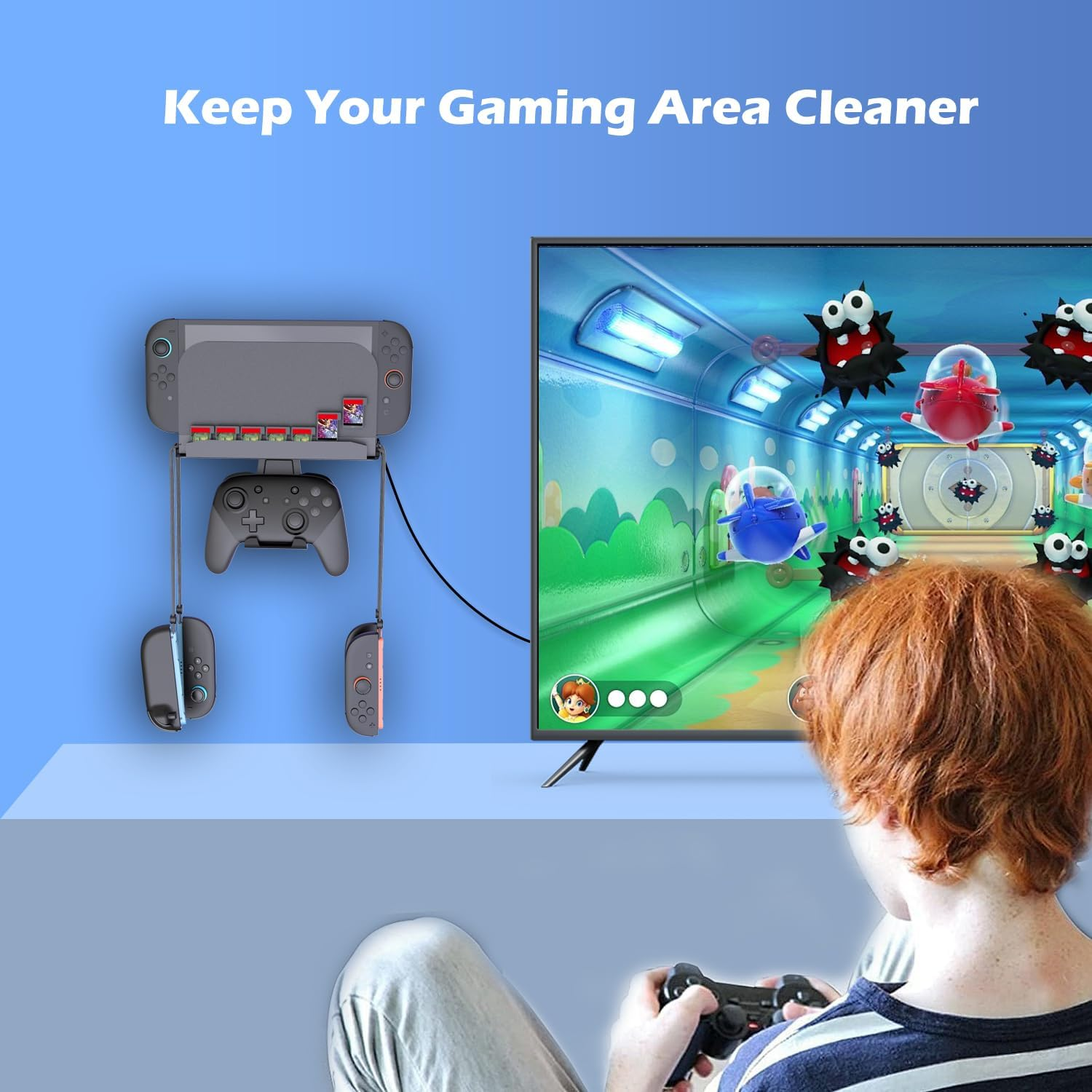 ZONEY Metal Wall Mount for Nintendo Switch 2 Console 2025, Switch 2 Organizer Shelf Base Kit behind Tv,Switch 2 Accessories with 7 Card Slots and 4 Joy-Con Hanger, Compatible with Switch 2/Oled/Switch image number 5