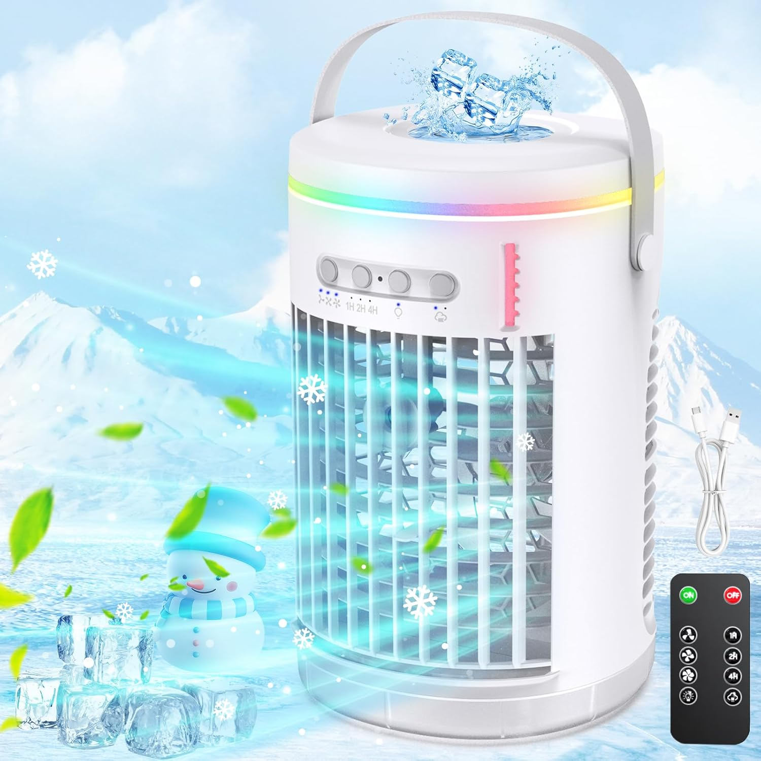 Portable Air Conditioner Fan,Rechargeable 4-IN-1 Personal Mini Cooler Humidifier,3-Speed Evaporative Air Cooler with 7 Color Lights,1400Ml Cordless AC Desktop Spray Fan,Remote Control Cooling Fan image number 2