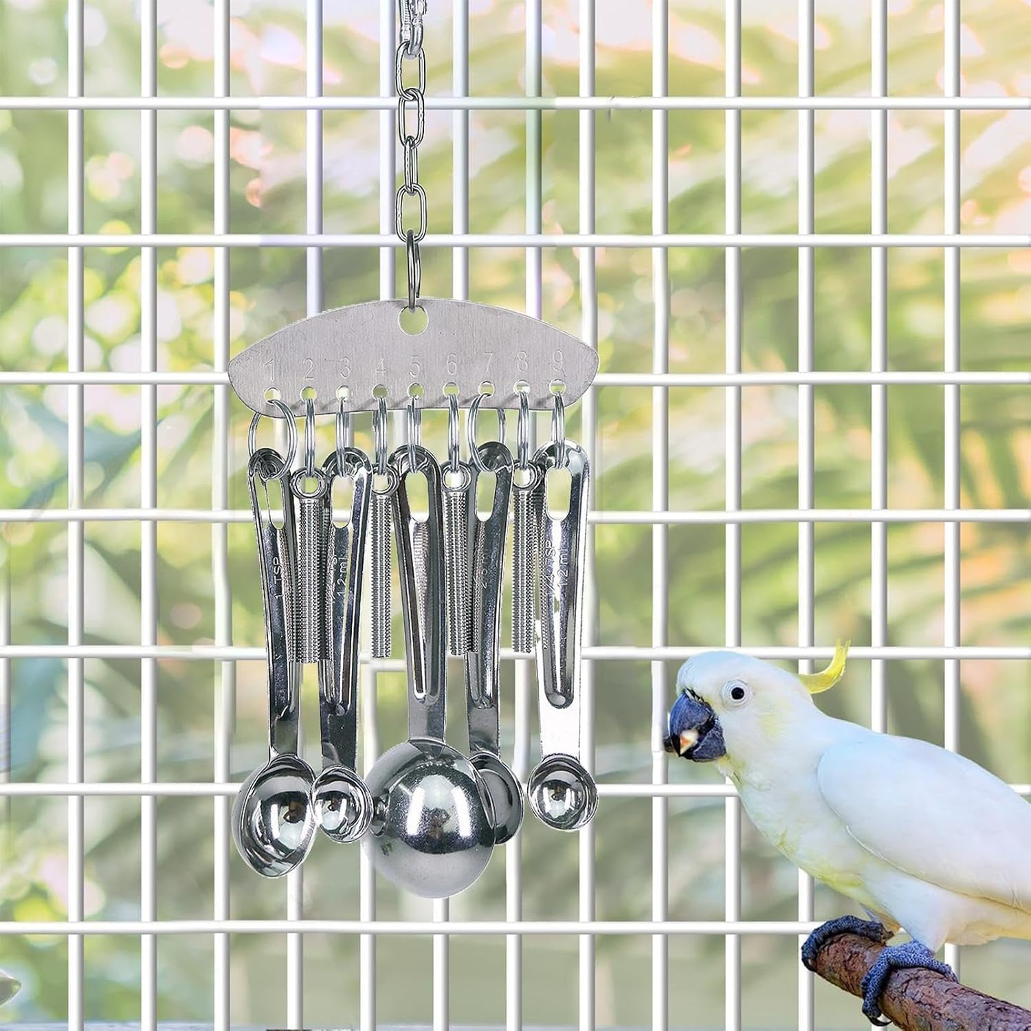 Yeanifeana Durable Stainless Steel Bird Chew Toy with Ring Bell - Parrot Chew Toy for Beak Conditioning and Entertainment, Safe and Fun Spoon Design for Small to Medium Birds (A)