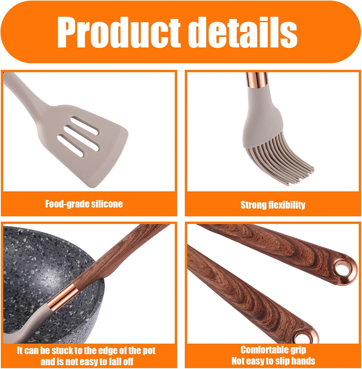 Kitchen Utensil Set, 12 Pack Cooking Utensils Set with Wooden Handles and Wood Grain Storage Bucket, Heat Resistant Multi Functional Silicone Spatula for Non Stick Frying Pans and Pots (Brown) image number 4