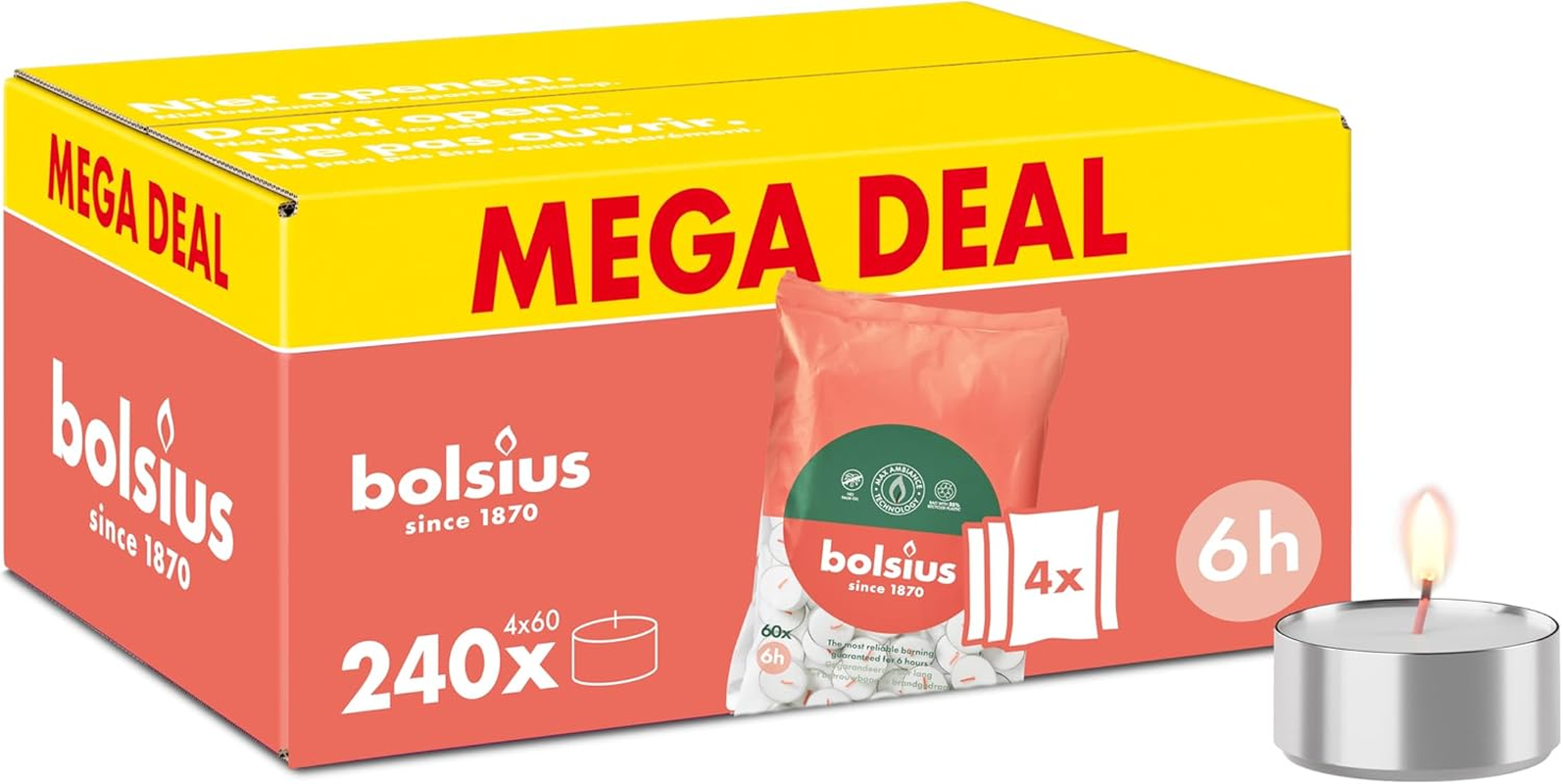 Bolsius - Bulk Pack Tea Lights - 240 Pieces - 6 Burning Hours - White - Contains Natural Plant Wax - Length Burning Time - Decorative Household Candles - without Palm Oil image number 3