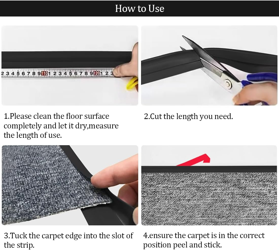Flexible Carpet Edge Trim Strip,10 Ft Self-Adhesive Carpet Trim Strip,Flexible Rug Edge Protector for Doorway,Black - Black image number 5