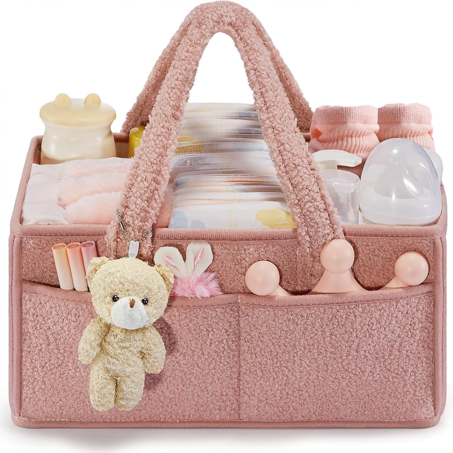 Enliansgo Baby Nappy Caddy Organizer, Baby Storage Basket for Diapers, Newborn Essentials, Car Caddy Organizer, Portable Diaper Storage (Pink)