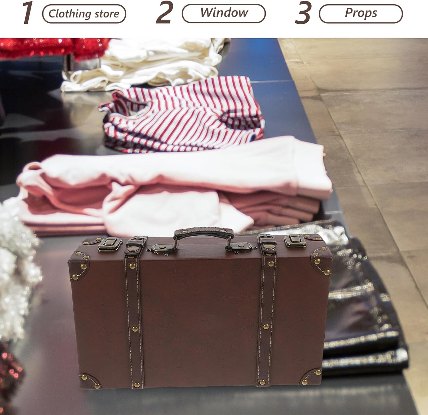 ERINGOGO Vintage British Style Leather Trunk Suitcase Box with Comfortable Handle for Clothing Store Display Photo Shoot Prop and Decorative Storage Retro Elegant Design