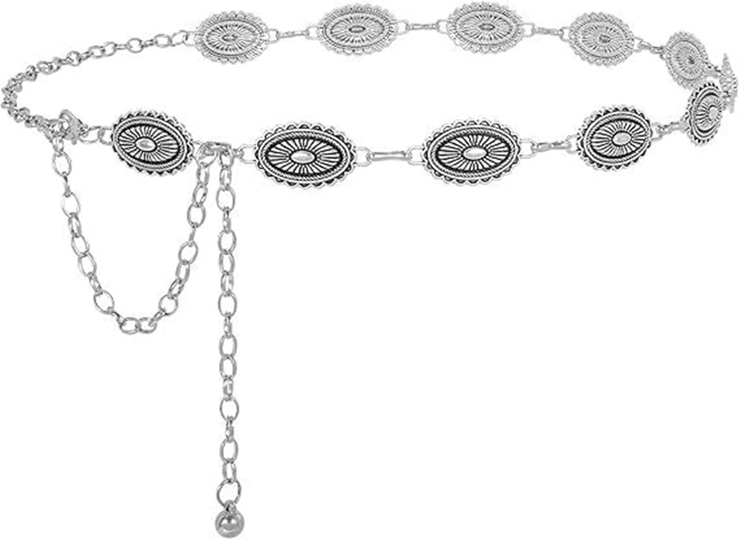 Silver Belt, Chain Belt, Western Oval Adjustablewaist Chain for Women, Small Oval Design, Boho Western Style Accessory, Perfect for Dresses and Jeans image number 2